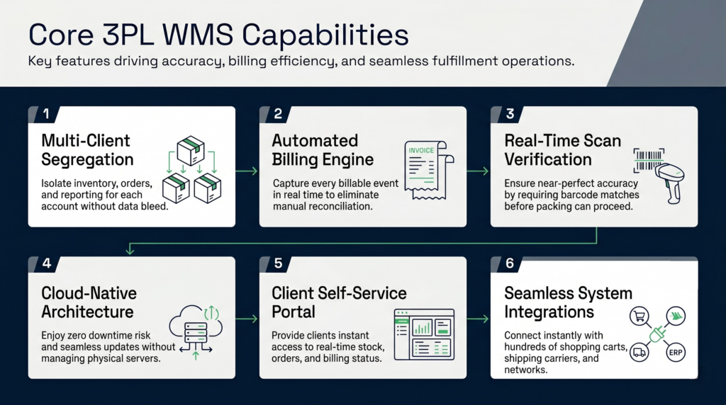 An infographic illustrating six key capabilities of a 3pl warehouse management system, detailing multi-client segregation, an automated billing engine, real-time scan verification, cloud-native architecture, a client self-service portal, and seamless system integrations.